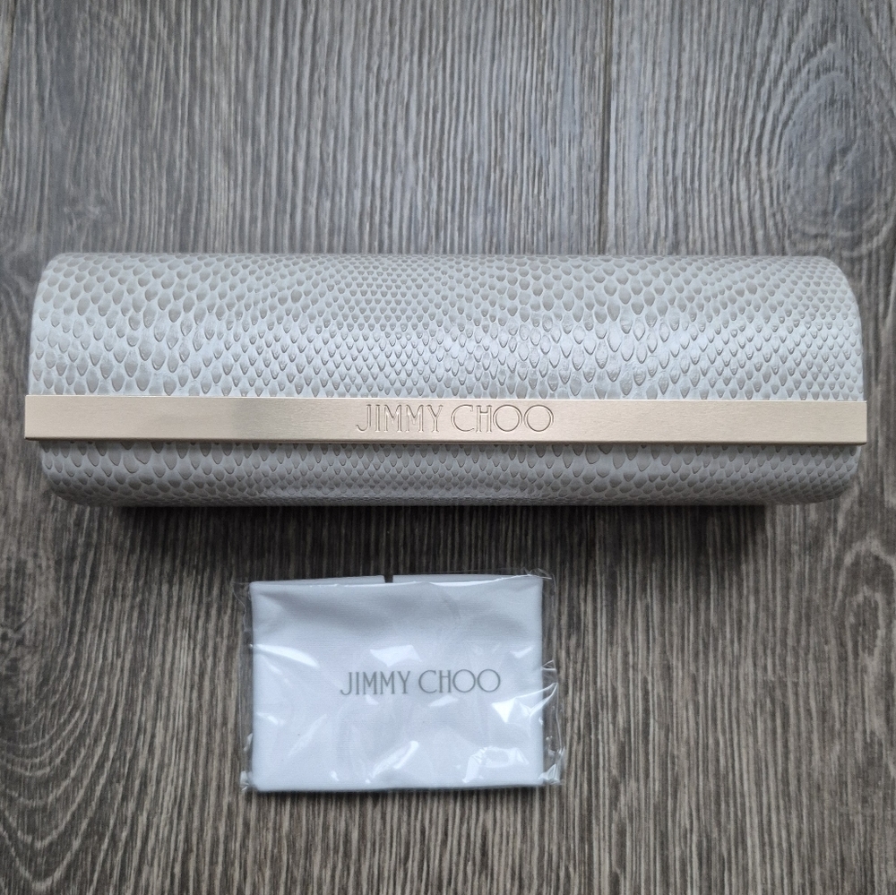 Jimmy Choo Cream Faux Snake Skin Dome Sun Glass Case + Glass Cleaner New